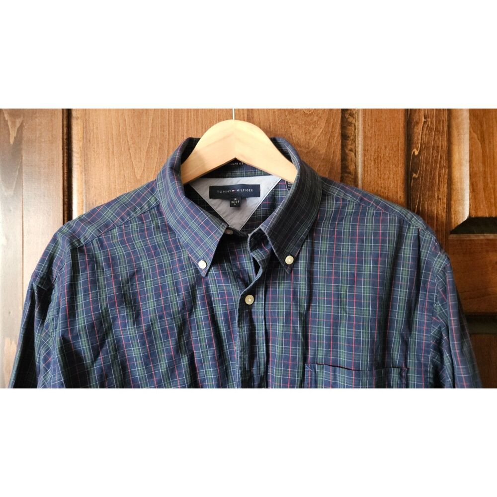 TH Checked Blue Reg Fit Men's Button Down Dress Shirt 34/35